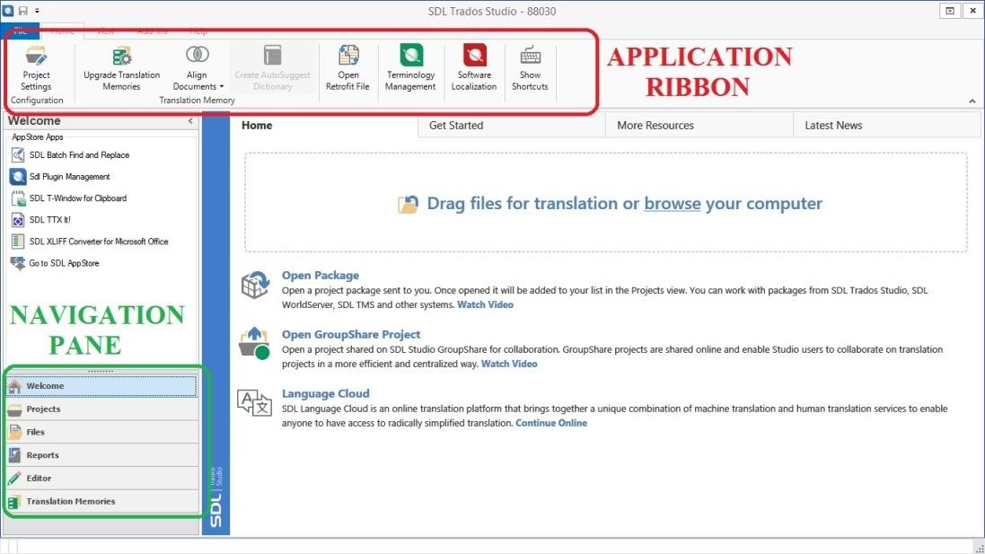 shows a screenshot of the standard user interface in SDL Trados Studio