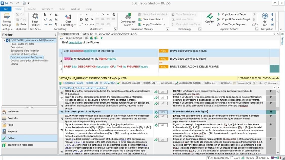 Figure 6 shows an "Editor view" of the completed translation of patent EP 3 155 494 B1